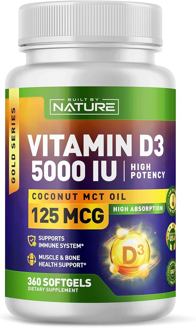 Built by Nature ビタミンD3 5000 IU – ココナッツMCTオイル配合ビタミンDサプリメント – 高吸収ビタミンD、飲みやすいビタミンD3 – 360粒ミニソフトジェル