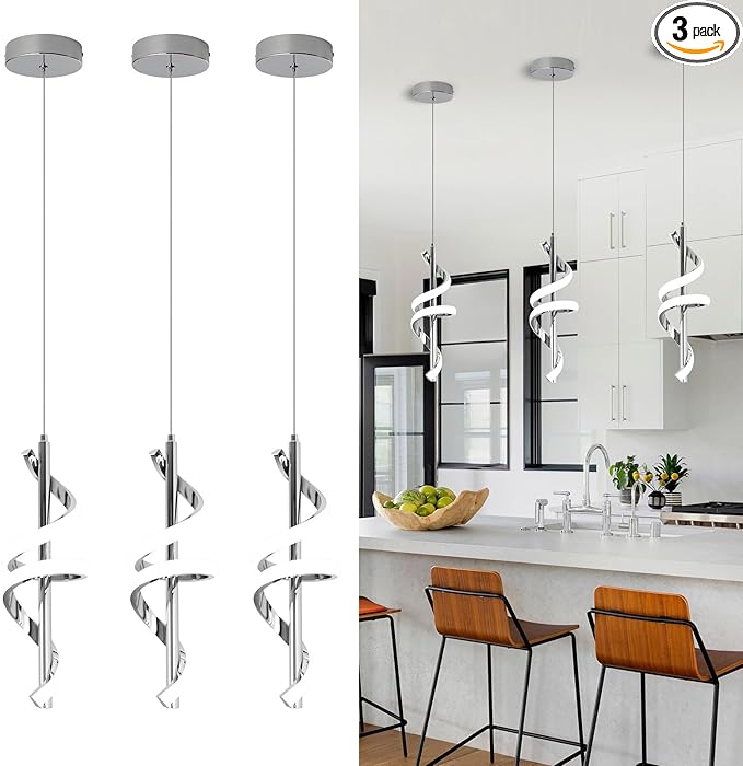 Spiral Led Pendant Light Fixtures, 5500K Cold White Modern Led Pendant Lamp Kitchen Island, Adjustable Height Kitchen Island Lights Fixtures for Dining Room Kitchen Bedroom Cafe, 3 Packs