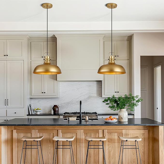 Gold Farmhouse Pendant Lights 16 Inch Matte Pendant Lighting for Kitchen Island Industrial Adjustable Height Vintage Dome Hanging Light Fixtures for Barn, Dining Room 1 Pack