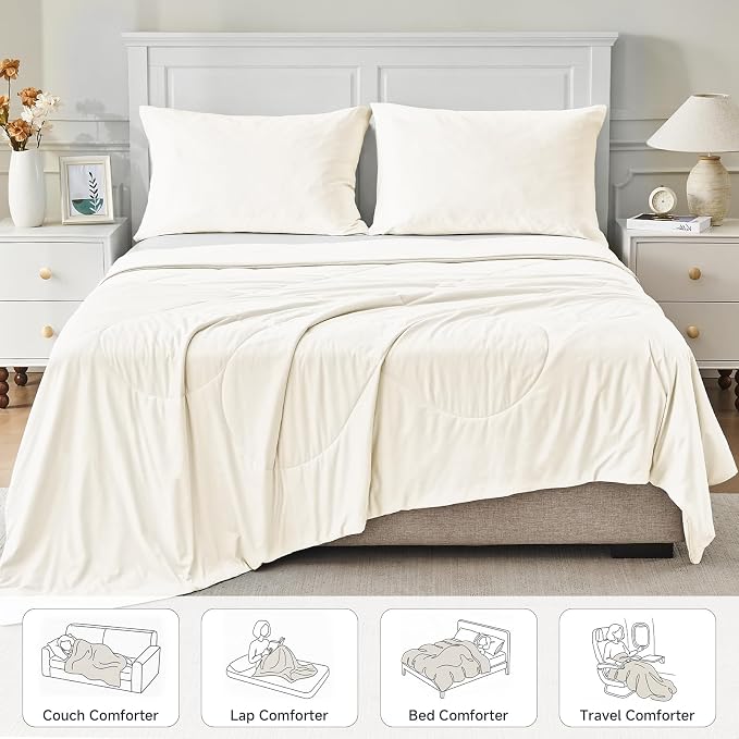 HOMFINE Cooling Comforter for Hot Sleepers - Both Sides Q-Max>0.45 Arc-Chill Cooling Fiber for All-Season, Breathable Soft Keep Cool Summer Blanket for Bed Couch Sofa, Beige, Twin