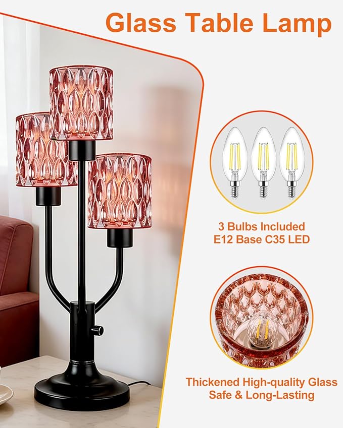 Mid Century Modern Table Lamp for Living Room Dimmable Nightstand Lamp Black Vintage Desk Lamp with Red Glass 3 Bulbs Included Warmwhite Ambient Bedside Lamps for Bedroom Office Home Decor