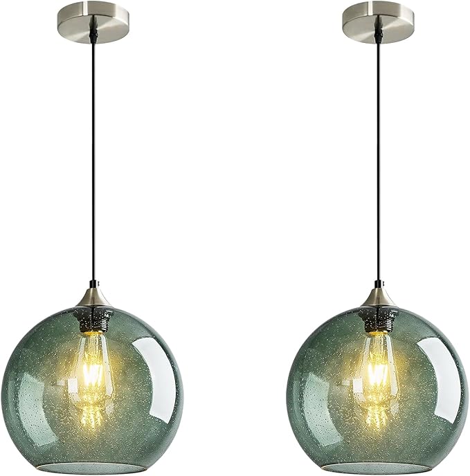 Modern 2-Pack Glass Globe Pendant Lights, Gray Green Modern Pendant Lighting for Kitchen Island, Glass Hanging Lamps for Dining Room Living Room Bedroom, Medium 7.87 Inch Fixture (Bulbs Not Included)