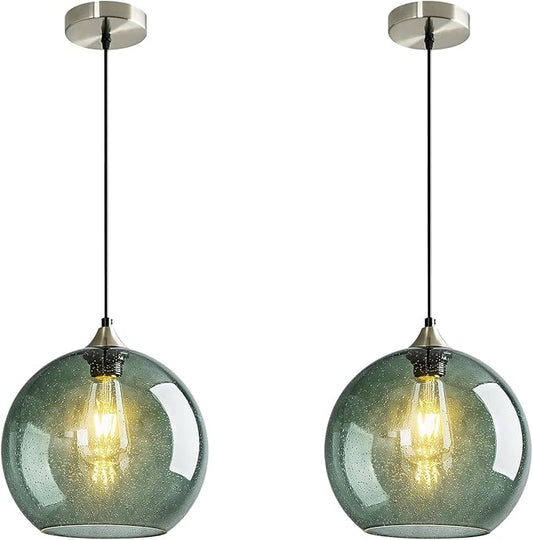 Modern 2-Pack Glass Globe Pendant Lights, Gray Green Modern Pendant Lighting for Kitchen Island, Glass Hanging Lamps for Dining Room Living Room Bedroom, Small 5.9 Inch Fixture (Bulbs Not Included)