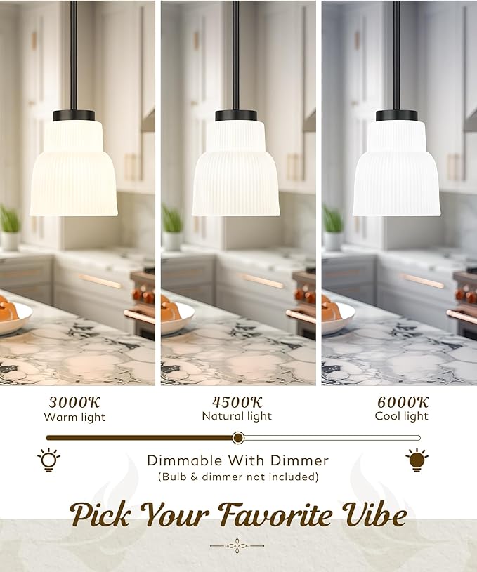 FEMILA 3 Pack Pendant Light for Kitchen Island, 6.7" Milk Glass Pendant Light Vintage Light Fixtures for Bedroom Hotel Dining Room, 4FYD87MIL-3PK BK