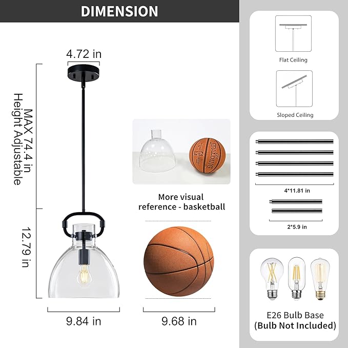 9.8'' Farmhouse Glass Pendant Lights Kitchen Island, 1-Light Modern Black Kitchen Island Lighting, Pendant Light Fixtures for Dining Room Bedroom Over Table, E26