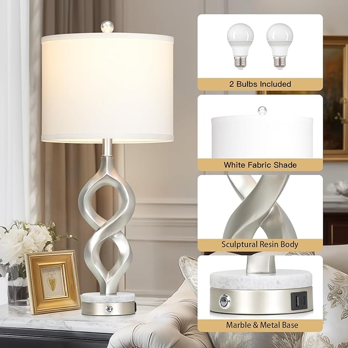 Cinyirong Silver Table Lamps Set of 2 for Living Room, 30" Tall Touch Control Bedside Lamps for Bedroom Nightstand, 3-Way Dimmable Modern Sculptural Table Lamp with USB A+C Ports and 2 LED Bulbs