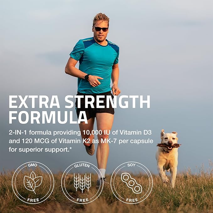 Bronson Vitamine K2 (MK7) avec D3 Supplément Extra Fort pour la Santé des Os et du Cœur Formule Sans OGM 10 000 UI Vitamine D3 & 120 mcg Vitamine K2 MK-7 Vitamine D & K Facile à Avaler, 120 Gélules
