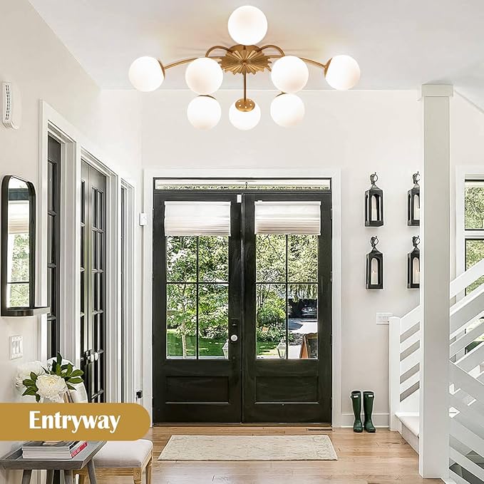 8-Light Milk Glass Pendant Light, 33" Sputnik Bubble Glass Chandelier Light Fixture, Hand Blown Semi Flush Mount Ceiling Chandeliers Lighting for Dining Room, Living Room (Gold, 8-Light Ceiling)