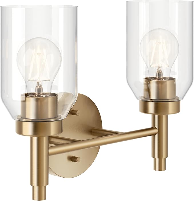 Kichler Madden 2-Light Bathroom Vanity Light Fixture with Clear Glass Shades, Modern Wall Mount Lighting in Champagne Bronze for Single or Double Vanity (10.5" x 14.25"), 55184CPZ