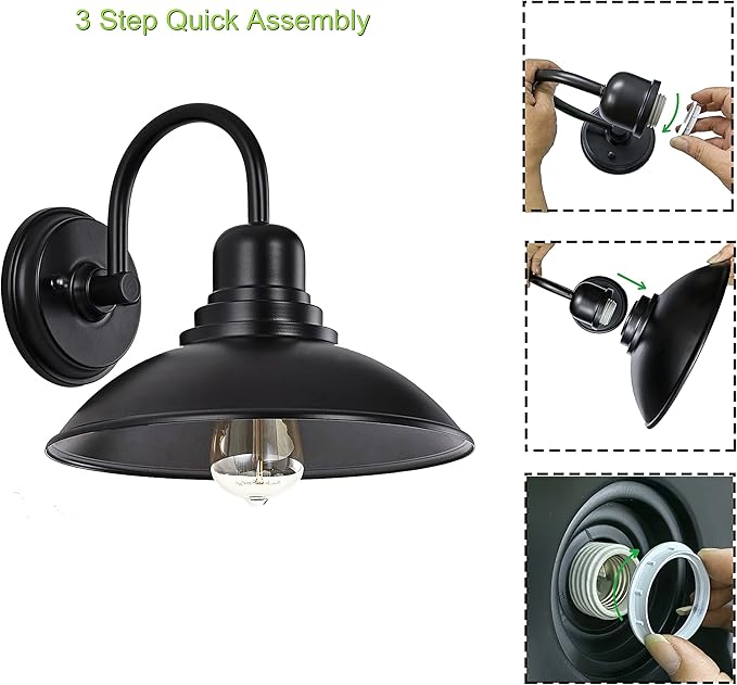 GOLDHILL Black Gooseneck Outdoor Barn Light, Farmhouse Vanity Lights with E26 Based Socket, Round Exterior Lights for House Garage Bathroom Bedroom