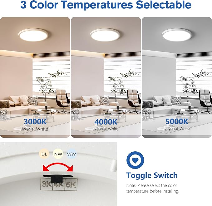 12 Inch Slim Dimmable LED Flush Mount Ceiling Light Fixtures, 24W 2640LM 3000K/4000K/5000K, Hardwired Led Lights for Bedroom Hallway Laundry Room Rental Units, 240W Equiv., White