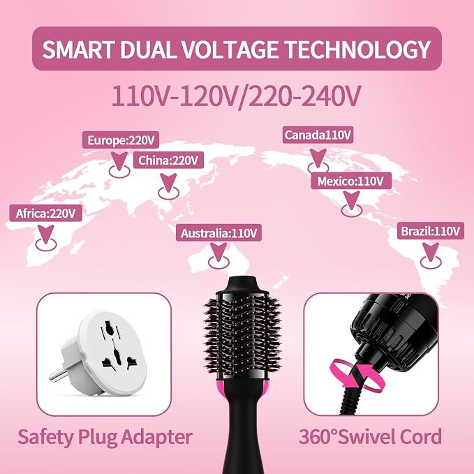 Dual Voltage Hair Dryer Brush with Negative Ion Anti-frizz Styler - Hot Air Volumizer for 110V-120V/220V-240V European and Travel Use