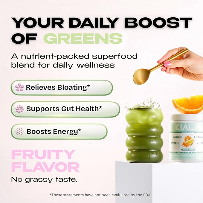 Kiala Nutrition Super Greens, Organic Greens Powder with Spirulina & Chlorella for Digestion, Gut Health, Immunity, Adaptogens, Energy, Gluten Free, Vegan, Sugar Free, Lemon Drop, 30 Servings