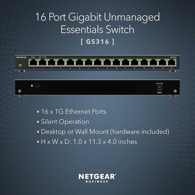 NETGEAR 16-Port Gigabit Ethernet Unmanaged Network Switch (GS316v3) – Plug-and-Play, Fanless Silent Metal Housing, Desktop or Wall Mount, with 802.1p QoS & 9K Jumbo Frame Support