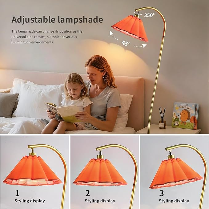 Floor Lamp with Pleated Linen Lampshade, Modern Flower Floor Lamp for Living Room Arc Standing Lamp, Gold Tall Lamp for Bedroom Office Dining Room, Bulb Included (Gold + Orange Color, 66.1IN)