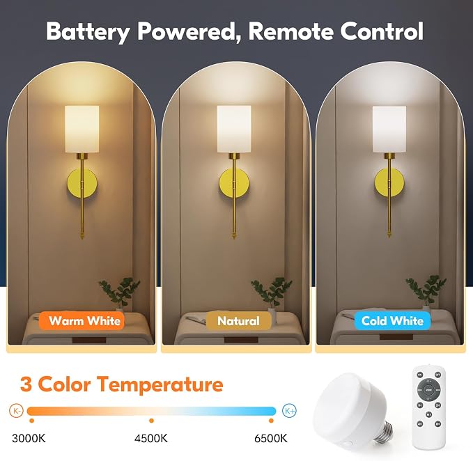 NIORSUN 20.67 inch Battery Operated Wall Sconce Set of 2, Gold Rechargeable Wall Lights with 10400mAh Dimmable Bulbs and Remote, 9 Colors Wireless Wall Lamps for Bedroom Living Room Hallway