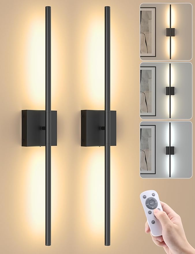 VOLISUN 7800mAh Battery Operated Wall Sconces Set of Two, Black Rechargeable Wall Sconces with Remote, 360° Rotatable Battery Wall Sconce Decor, 34'' Wireless Wall Lights for Bedroom, Living Room