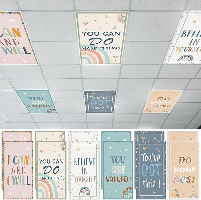 12 Pcs Fluorescent Light Covers with 120 Magnets Decorative for Classroom Ceiling Light 4 x 2 Feet Magnetic Light Covers Filter Easy Install for Office Home Drop Ceiling Supplies(Boho Inspirational)