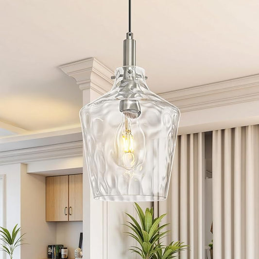 Modern Hammered Glass Pendant Lighting for Kitchen Island 1 Pack, Farmhouse Nickel Pendant Light Fixtures, Height Adjustable Ceiling Pendant Light, 8 Inch