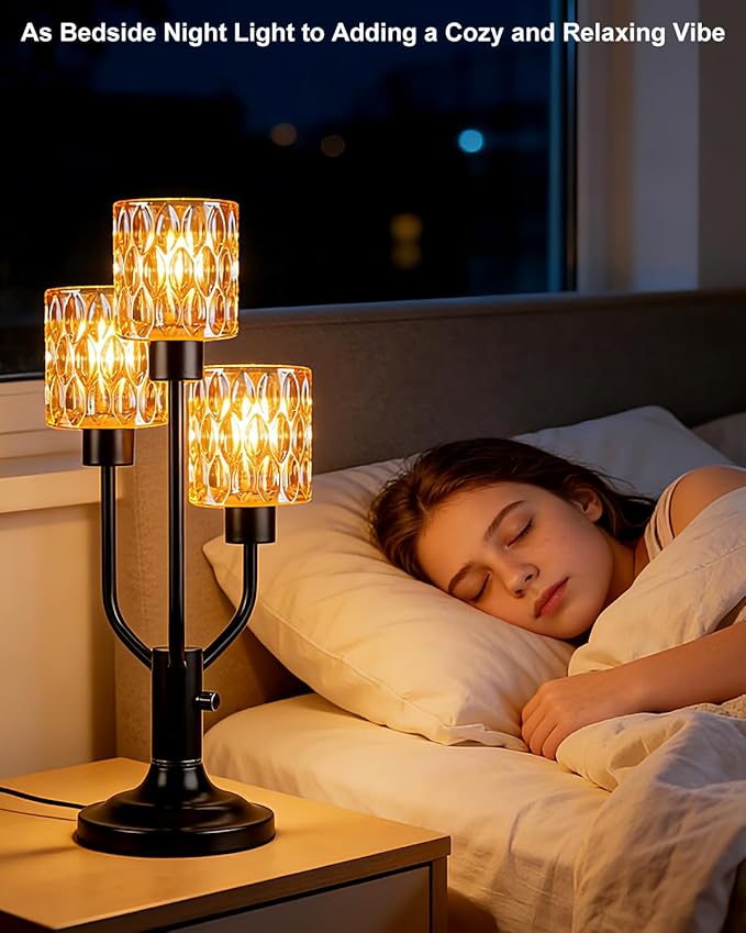 Mid Century Modern Table Lamp for Living Room Dimmable Nightstand Lamp Vintage Black Desk Lamp with Brown Glass 3 Bulbs Included Warmwhite Ambient Bedside Lamps for Bedroom Office Home Decor