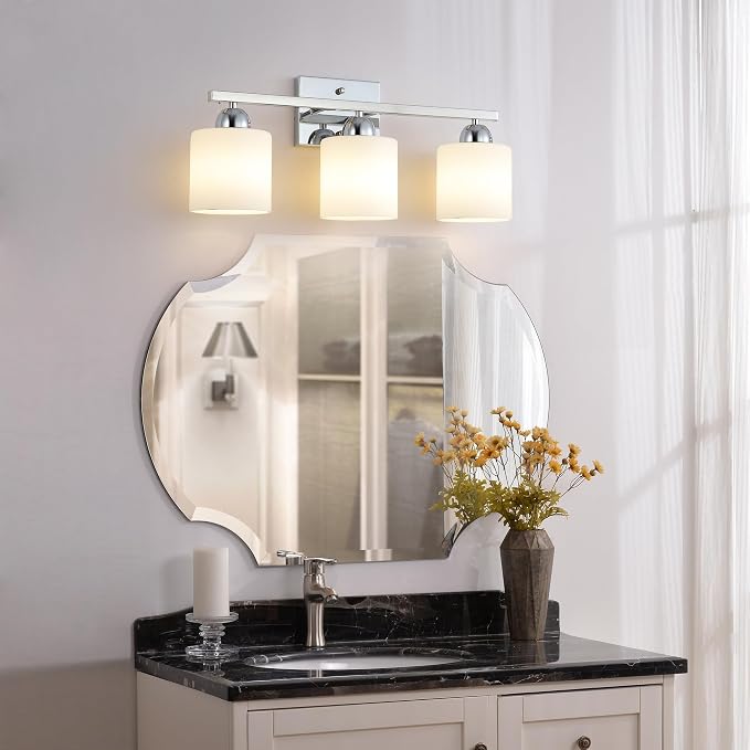 Mecgirn Stainless Steel Milk Glass Vanity Lights for Bathroom, 3 Light Chrome Bathroom Light Fixtures Over Mirror, Ceramic E26 Sockets Wall Mounted