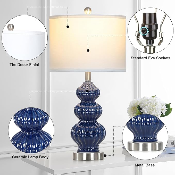 Cinyirong 26" Blue Table Lamp Set of 2 with Rotary Control, Ceramic Table Lamps Classic Beside Lamps Nightstand Lamp Modern Table Lamp for Living Room,LED Bulbs Included