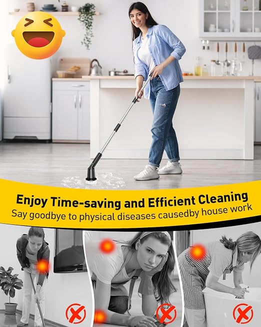 Electric Spin Scrubber for Cleaning Bathroom, Shower Scrubber with IPX7 Waterproof & 2 Speed, 3 Brush Heads, Abrasive Flat End Brushes, Bathroom Cleaning Supplies for Toilet Shower Tub Sooty