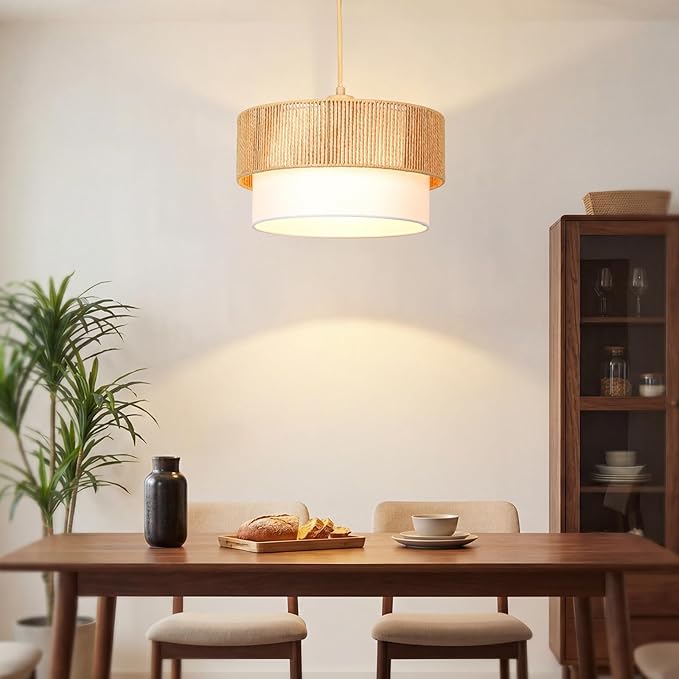 Qingmiao Boho Plug in Pendant Light, Rattan Hanging Lamp Plug in with Woven Shade, 3-Way Dimmable Hanging Light Fixture for Living Room Bedroom Kitchen Ceiling Home Decor