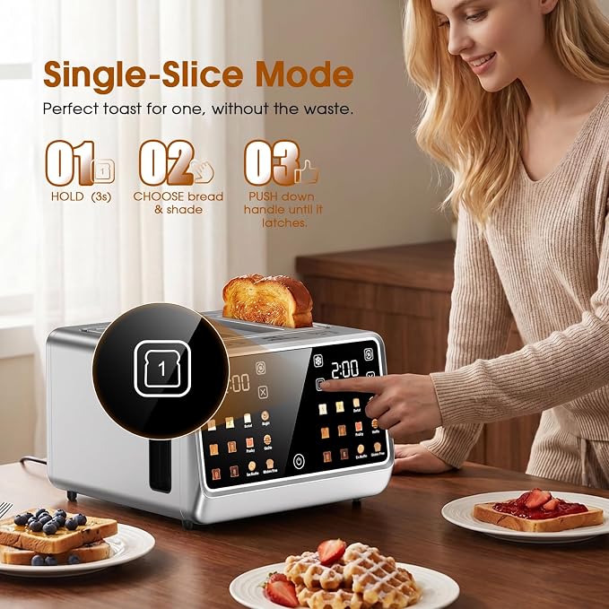 4 Slice Toaster with Dual Touchscreen, 1800W Stainless Steel Dual Zone Independent Control Extra Wide Slot 1.5 Inch, Smart BreadID Timer for Bagel Waffle, Kitchen Essentials