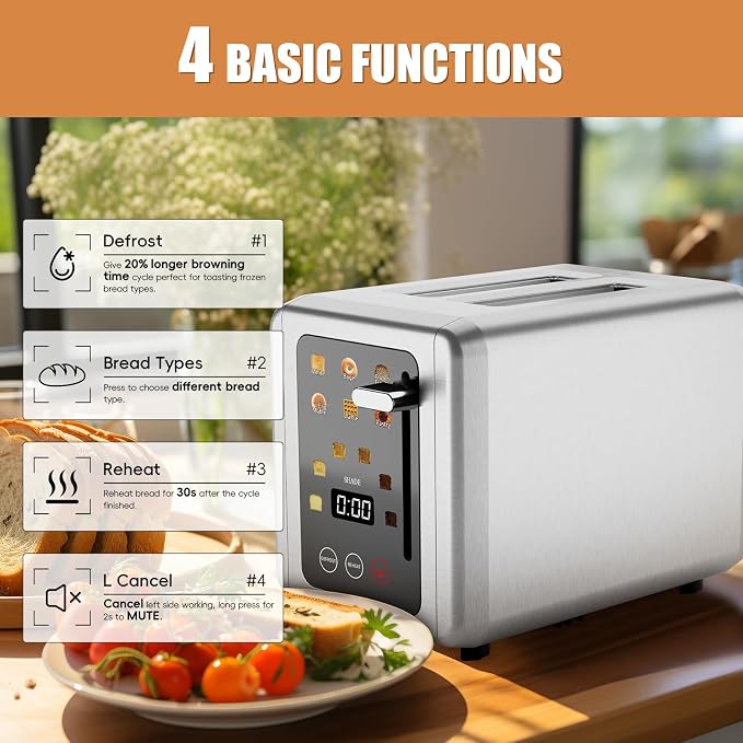 Touch screen Toasters 2 slice,Stainless Steel Digital Timer Toaster with Sound Function,6 Bread Types & 6 Shade Settings,Smart Extra Wide Slots Toaster with Bagel,Defrost Functions,Grey