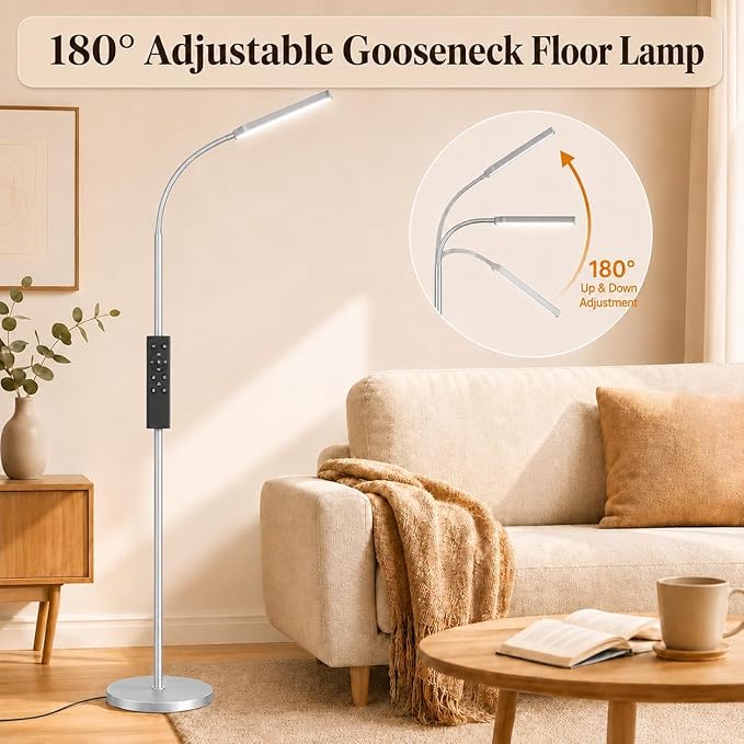 Wio-Mio 15w/1000lm Bright LED Floor Lamp with Stepless Adjustable 3000K-6000K Colors and Dimmer, Remote and Touch Control Reading Lamp, Adjustable Gooseneck Floor Lamp for Living Room
