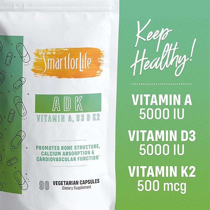 Complément de vitamines ADK Smart for Life - Vitamines ADK à haute puissance - Vitamine D3, Vitamine K2 et Vitamine A - Soutient la santé des os et du cœur - 5 000 UI Vitamine A - 5 000 UI Vitamine D3 - 500 mcg Vitamine K2