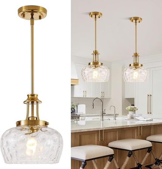 Modern Pendant Lights Kitchen Island, Brushed Gold Pendant Light Fixtures with 10" Clear Hammered Glass Shade, Industrial Hanging Pendant Lights Fixture for Kitchen Island Dining Room Bedroom Entryway