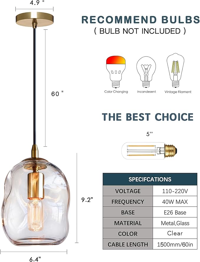 CASAMOTION Pendant Lights Kitchen Island 2 Pack Modern Contemporary Clear Glass Organic Globe Brass Gold Hanging Light Adjustable Cord Bedroom Dining Table Small Medium Lamp 8 Inch