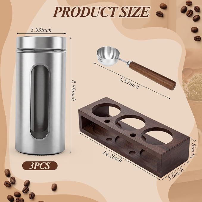 Suclain Stainless Steel Coffee Grounds Canisters with Shelf 3 x 50oz Sugar Coffee Bean Storage Container Airtight Threaded Lid Glass Window Scoop Kitchen Jar Set(Upgrade Style, 15.35 x 5 x 2.76'')