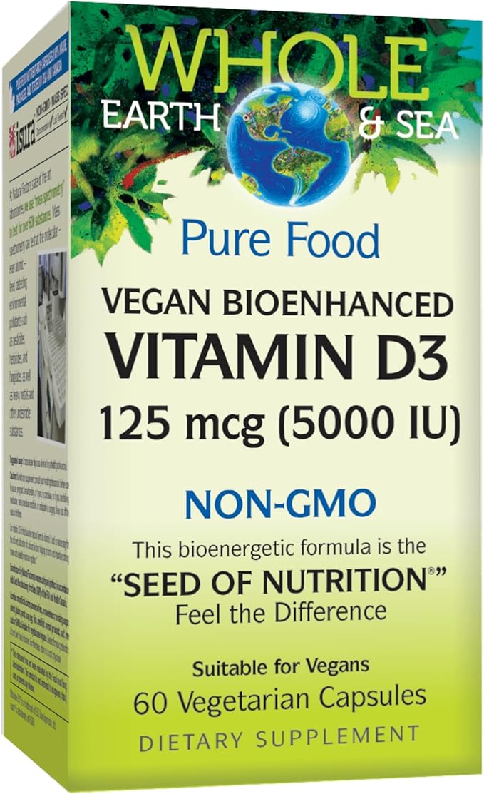 Natural Factors Whole Earth & Sea Vitamine D3 - Complément alimentaire favorise la solidité des os et des articulations - Aide à l'absorption du calcium - Végane et sans OGM - 60 capsules végétariennes (60 portions)