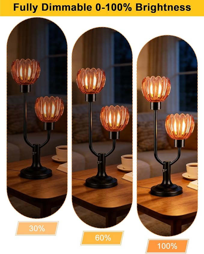 Lightdot Mid Century Modern Flower Table Lamp for Living Room Dimmable Nightstand Lamp Red Glass Vintage Black Desk Lamp 2 Bulbs Included Warmwhite Ambient Bedside Lamps for Bedroom Home Office Decor