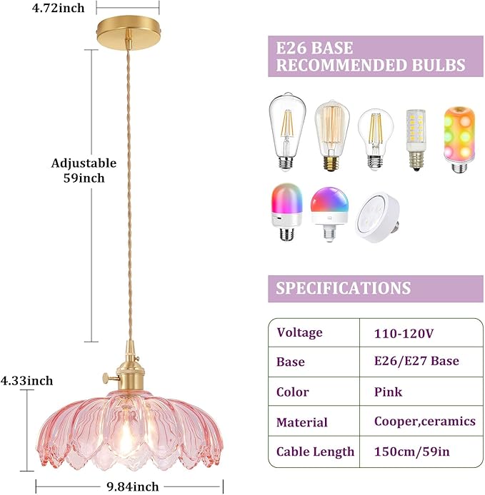 Shenmoyl Pendant Light with Pink Scindapsus Glass Lmapshade, Brass Vintage Pendant Light Adjustable Hanging Light for Kitchen Island Dining Room Hallway