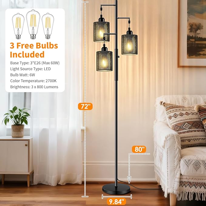 Hotsonic 72" Tall Boho Rattan Style Floor Lamp with Hand-Woven Paper Cord Shade, Dimmable Industrial Tree Standing Lamp for Living Room, Bedroom, Study Room, Office (3 x 800LM Bulbs Included) - Black