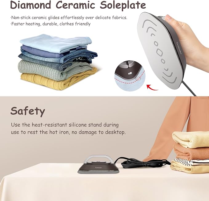 Newbealer Travel Iron Set, 100-240V Mini Dry Iron for Clothes (No Steam) | Max 300W, Heats in 60s, 302℉ Ceramic Soleplate, Handy Heat Press, 0.8lbs Lightweight for Quick Touch-ups Worldwide (Brown)
