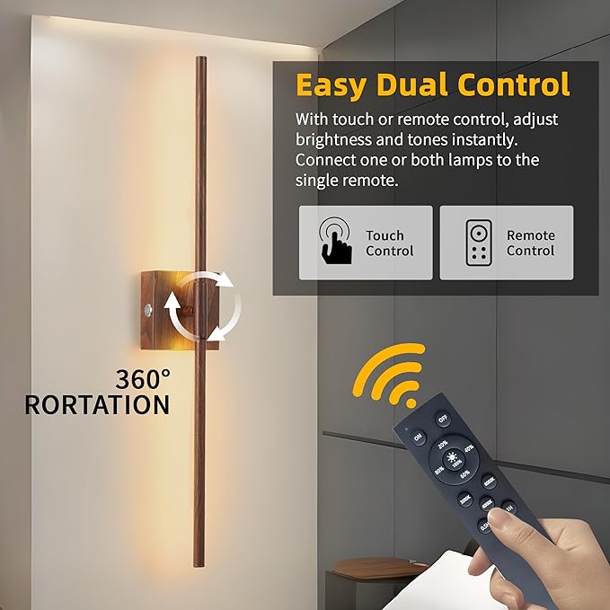 15800 mAh Battery Operated Wall Sconces with Remote Control Dimmable Rechargeable Battery Powered Cordless Wall Sconces Set of Two 3000K LED Walnut Wood Wireless Wall Light for Hallway Bedroom
