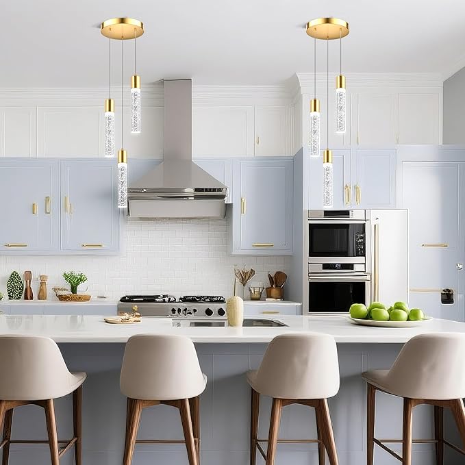Pendant Lights Kitchen Island, 6500K Modern Kitchen Island Lights Brushed Gold, Ceiling Lighting Fixtures with Crystal Bubble, Integrated LED Hanging Light for Dining Room 1 Pack(3-Light)