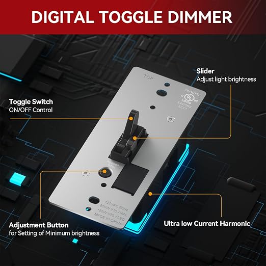 AIDA Toggle Slide Dimmer Switch for Dimmable LED Light/CFL/Incandescent 600 Watt max, Single-Pole or 3-Way, Rocker On/Off Wall Switch with Dimmer Slider, Wall Plate NOT Included, UL, Black, 1 Pack