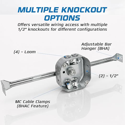OHLECTRIC 4" Octagon Welded Electrical Box with Adjustable Bar Hanger - 1-1/2" Deep Box with BX/MC Clamp - Galvanized Steel - Supports Fixtures Up to 50 lbs