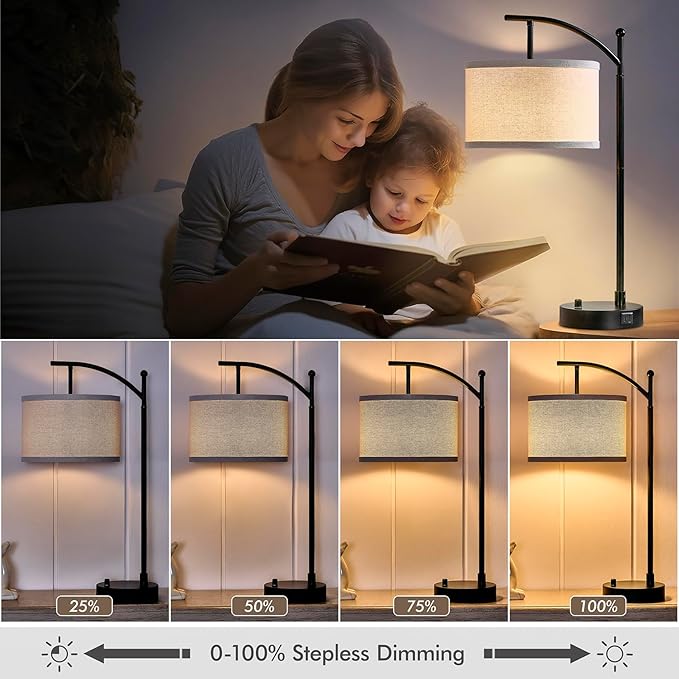 Table Lamp for Living Room Bedroom, 23.5" Table Lamps Set of 2 with USB C+A Ports, Bedside Lamps for Nightstand with Linen Lamp Shades, 2 Dimmable LED Bulbs Included, Black