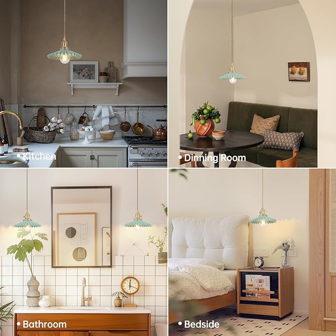 Shenmoyl Pendant Light with Green Pleated Ceramic Lmapshade, Brass Vintage Pendant Light Adjustable Hanging Light for Kitchen Island Dining Room Hallway