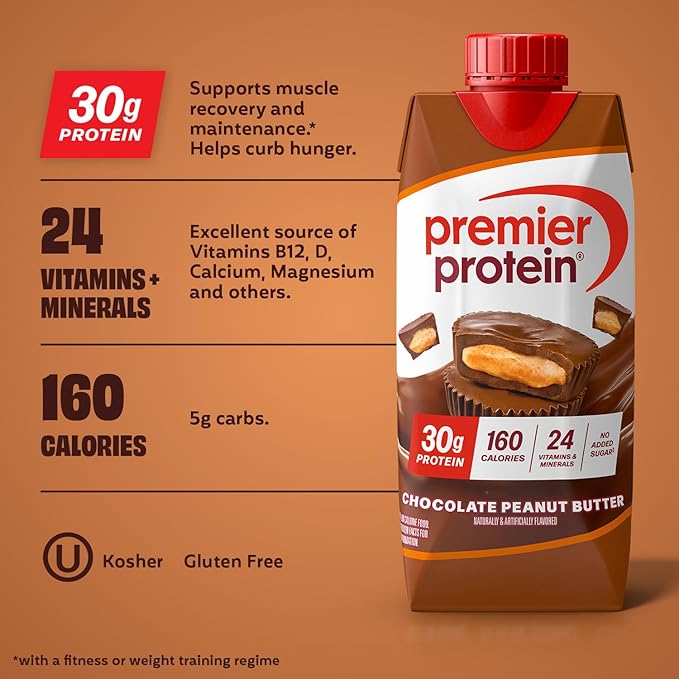 Premier Protein Shake, Chocolate Peanut Butter, 30g Protein, No Added Sugar, 24 Vitamins & Minerals to Support Immune Health, 11 fl oz, 12 Pack