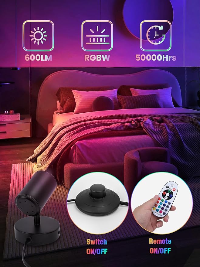 RGBW Indoor Spotlight 10W LED Color Changing Spotlight with Remote, 120V Christmas Up Lights Accent Spot Light with Foot Switch for Plant Halloween Party Decor, 5FT Code, 2Pack