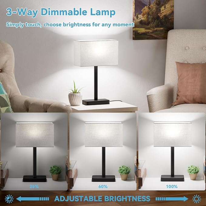 Hong-in Touch Lamps for Bedroom - 3-Way Dimmable Bedside Lamps Set of 2 with USB C+A, Grey Modern Table Lamp for Night Stands, Desk Lamp for Living Room Nightstand End Tables Bed Side