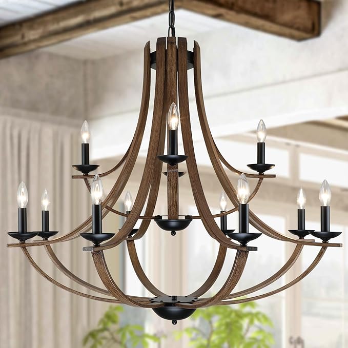 LAMPKEDUO Farmhouse Chandeliers for Dining Room Light Fixture, 2 Tier 12-Light 41" Adjustable Height Retro Faux Wood Texture Rustic Light Fixtures for Living Room Bedroom Foyer Entryway